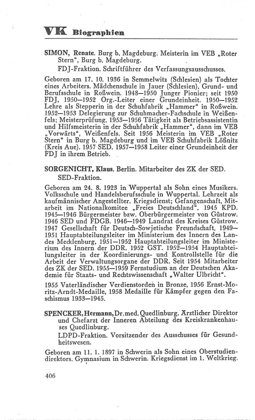 Handbuch der Volkskammer (VK) der Deutschen Demokratischen Republik (DDR), 3. Wahlperiode 1958-1963, Seite 406 (Hdb. VK. DDR 3. WP. 1958-1963, S. 406)
