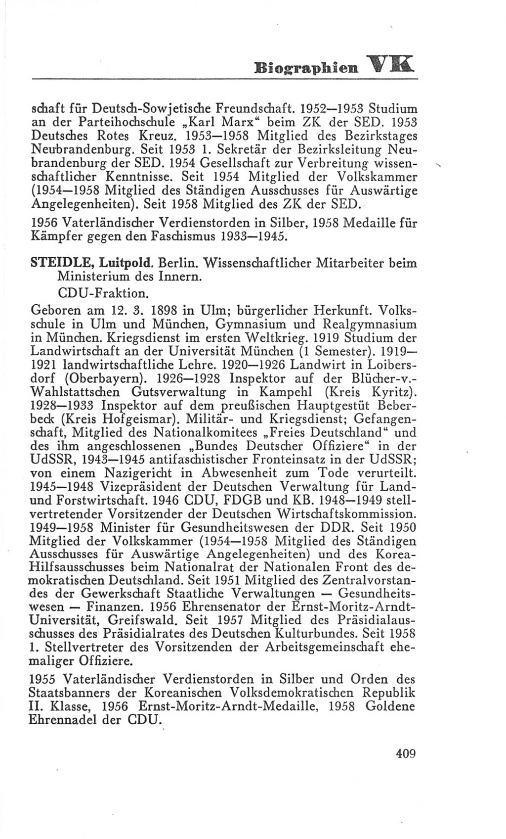Handbuch der Volkskammer (VK) der Deutschen Demokratischen Republik (DDR), 3. Wahlperiode 1958-1963, Seite 409 (Hdb. VK. DDR 3. WP. 1958-1963, S. 409)