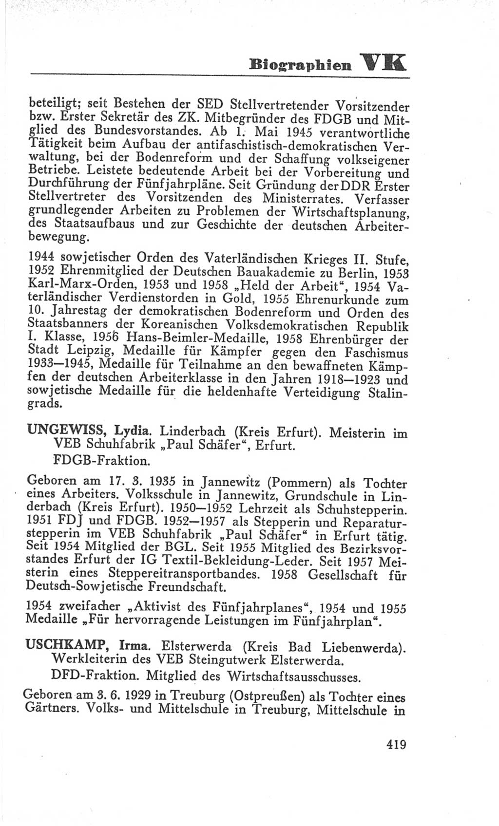 Handbuch der Volkskammer (VK) der Deutschen Demokratischen Republik (DDR), 3. Wahlperiode 1958-1963, Seite 419 (Hdb. VK. DDR 3. WP. 1958-1963, S. 419)