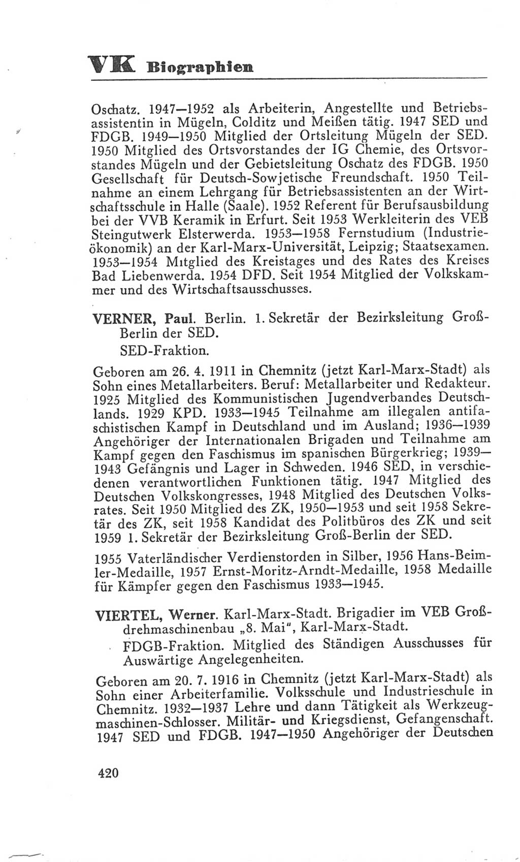 Handbuch der Volkskammer (VK) der Deutschen Demokratischen Republik (DDR), 3. Wahlperiode 1958-1963, Seite 420 (Hdb. VK. DDR 3. WP. 1958-1963, S. 420)
