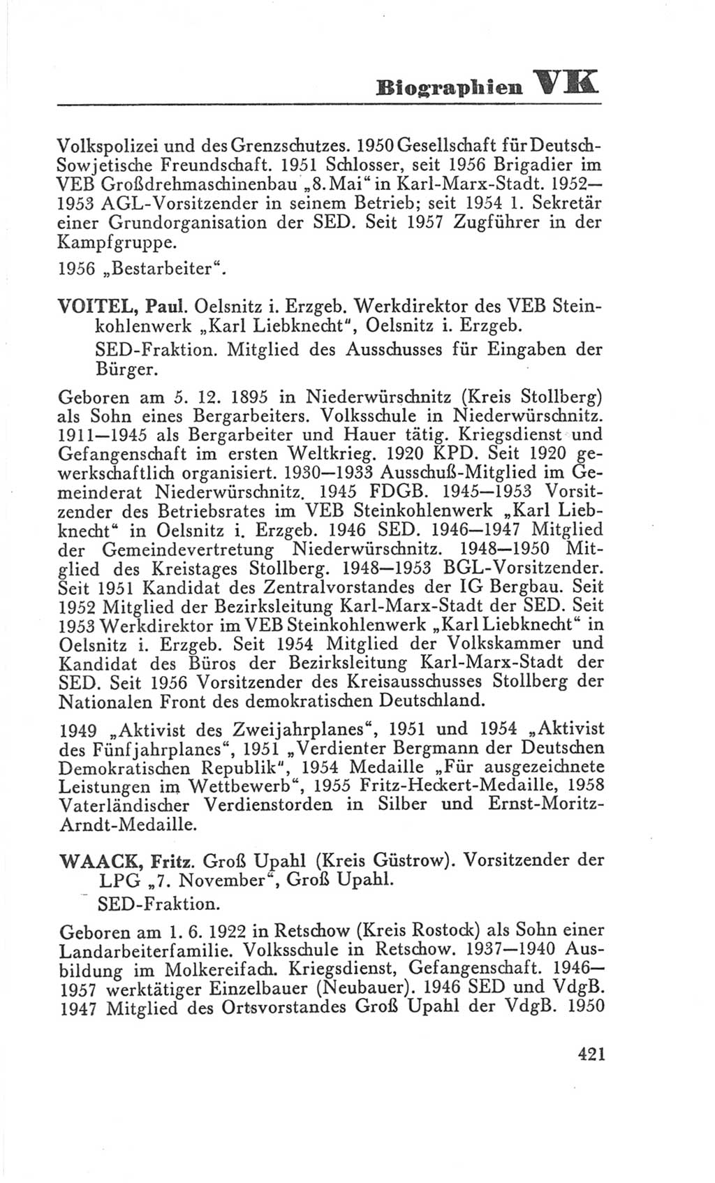 Handbuch der Volkskammer (VK) der Deutschen Demokratischen Republik (DDR), 3. Wahlperiode 1958-1963, Seite 421 (Hdb. VK. DDR 3. WP. 1958-1963, S. 421)