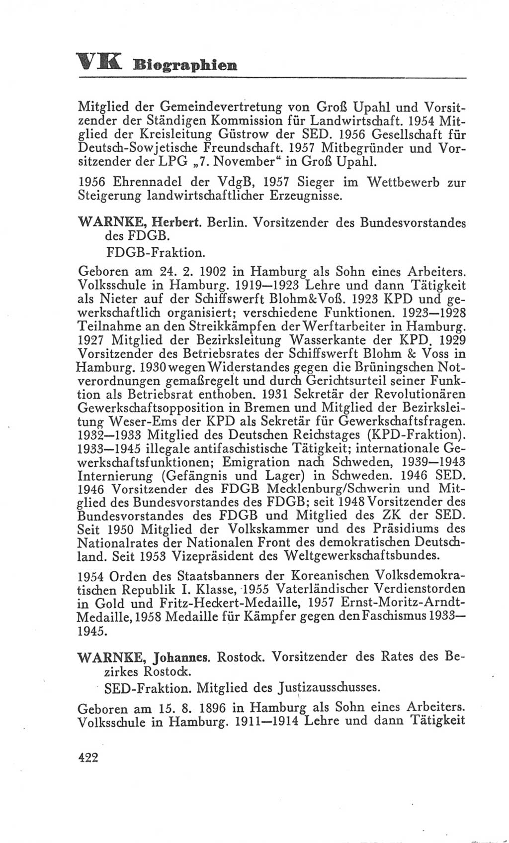 Handbuch der Volkskammer (VK) der Deutschen Demokratischen Republik (DDR), 3. Wahlperiode 1958-1963, Seite 422 (Hdb. VK. DDR 3. WP. 1958-1963, S. 422)