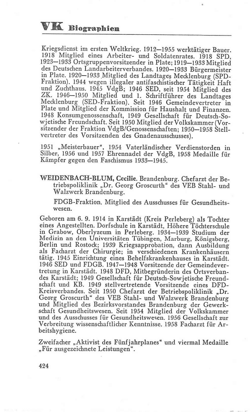 Handbuch der Volkskammer (VK) der Deutschen Demokratischen Republik (DDR), 3. Wahlperiode 1958-1963, Seite 424 (Hdb. VK. DDR 3. WP. 1958-1963, S. 424)