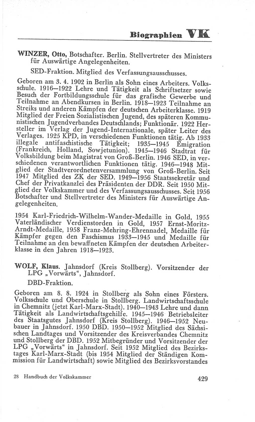 Handbuch der Volkskammer (VK) der Deutschen Demokratischen Republik (DDR), 3. Wahlperiode 1958-1963, Seite 429 (Hdb. VK. DDR 3. WP. 1958-1963, S. 429)