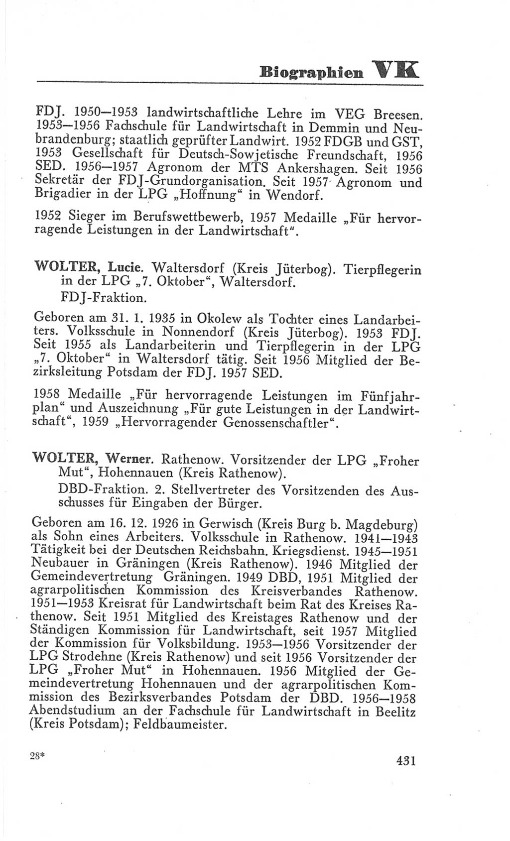 Handbuch der Volkskammer (VK) der Deutschen Demokratischen Republik (DDR), 3. Wahlperiode 1958-1963, Seite 431 (Hdb. VK. DDR 3. WP. 1958-1963, S. 431)
