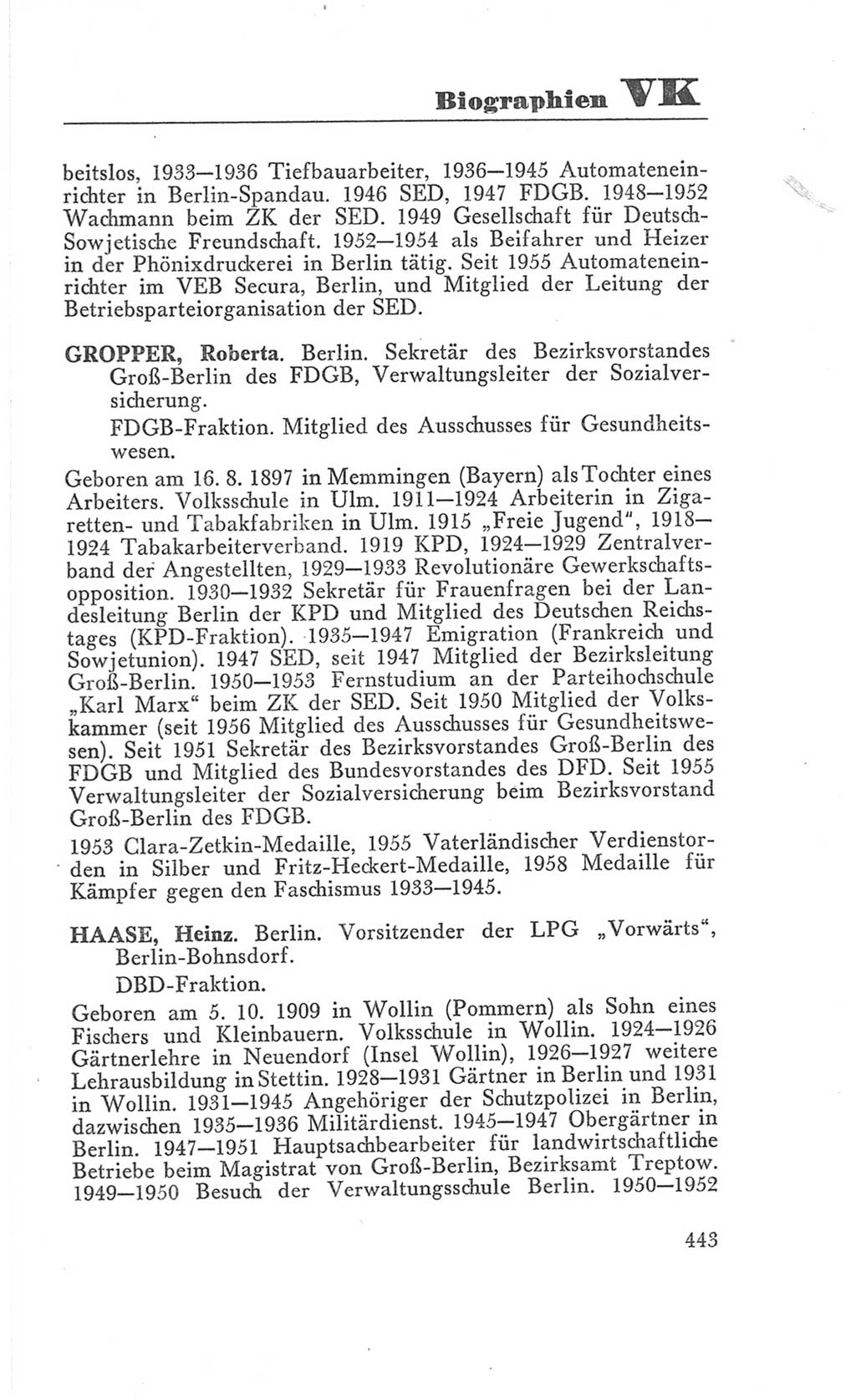 Handbuch der Volkskammer (VK) der Deutschen Demokratischen Republik (DDR), 3. Wahlperiode 1958-1963, Seite 443 (Hdb. VK. DDR 3. WP. 1958-1963, S. 443)