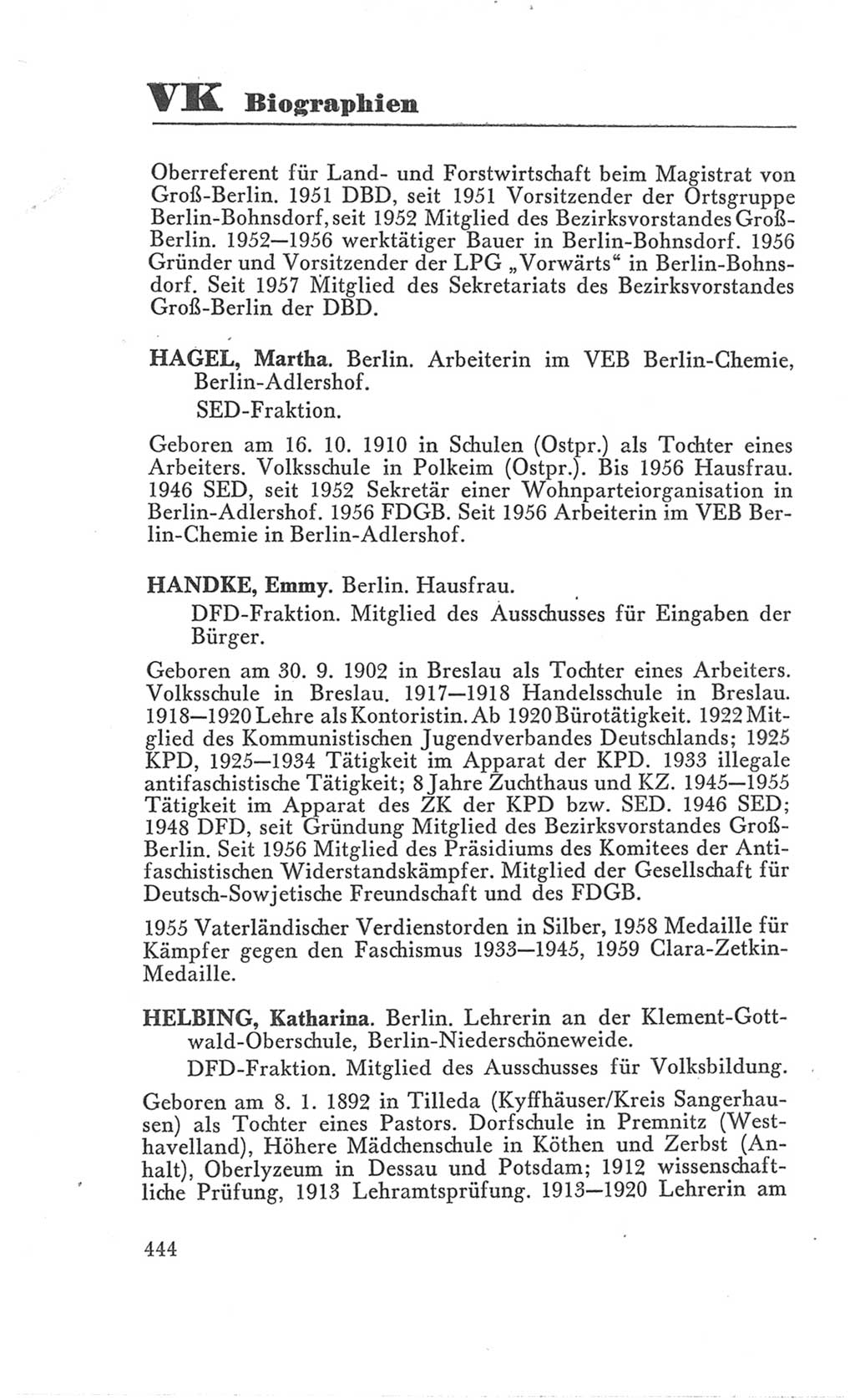 Handbuch der Volkskammer (VK) der Deutschen Demokratischen Republik (DDR), 3. Wahlperiode 1958-1963, Seite 444 (Hdb. VK. DDR 3. WP. 1958-1963, S. 444)