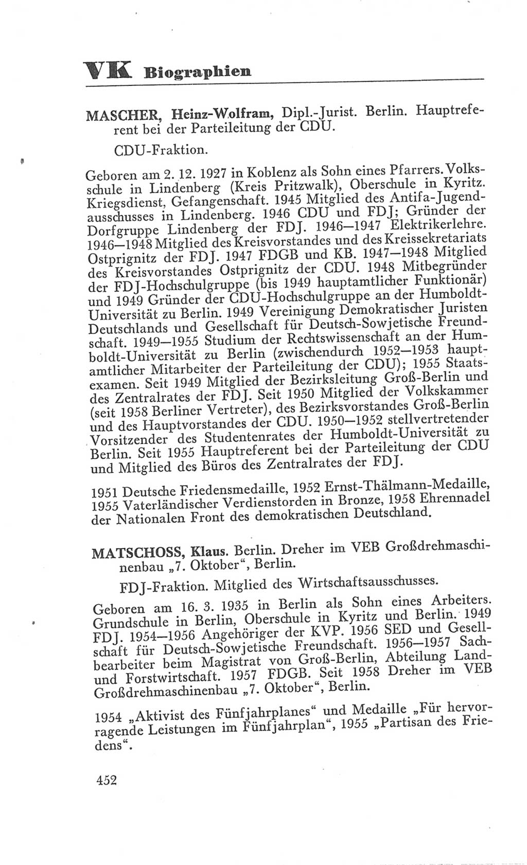 Handbuch der Volkskammer (VK) der Deutschen Demokratischen Republik (DDR), 3. Wahlperiode 1958-1963, Seite 452 (Hdb. VK. DDR 3. WP. 1958-1963, S. 452)