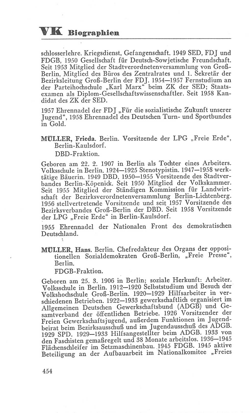 Handbuch der Volkskammer (VK) der Deutschen Demokratischen Republik (DDR), 3. Wahlperiode 1958-1963, Seite 454 (Hdb. VK. DDR 3. WP. 1958-1963, S. 454)