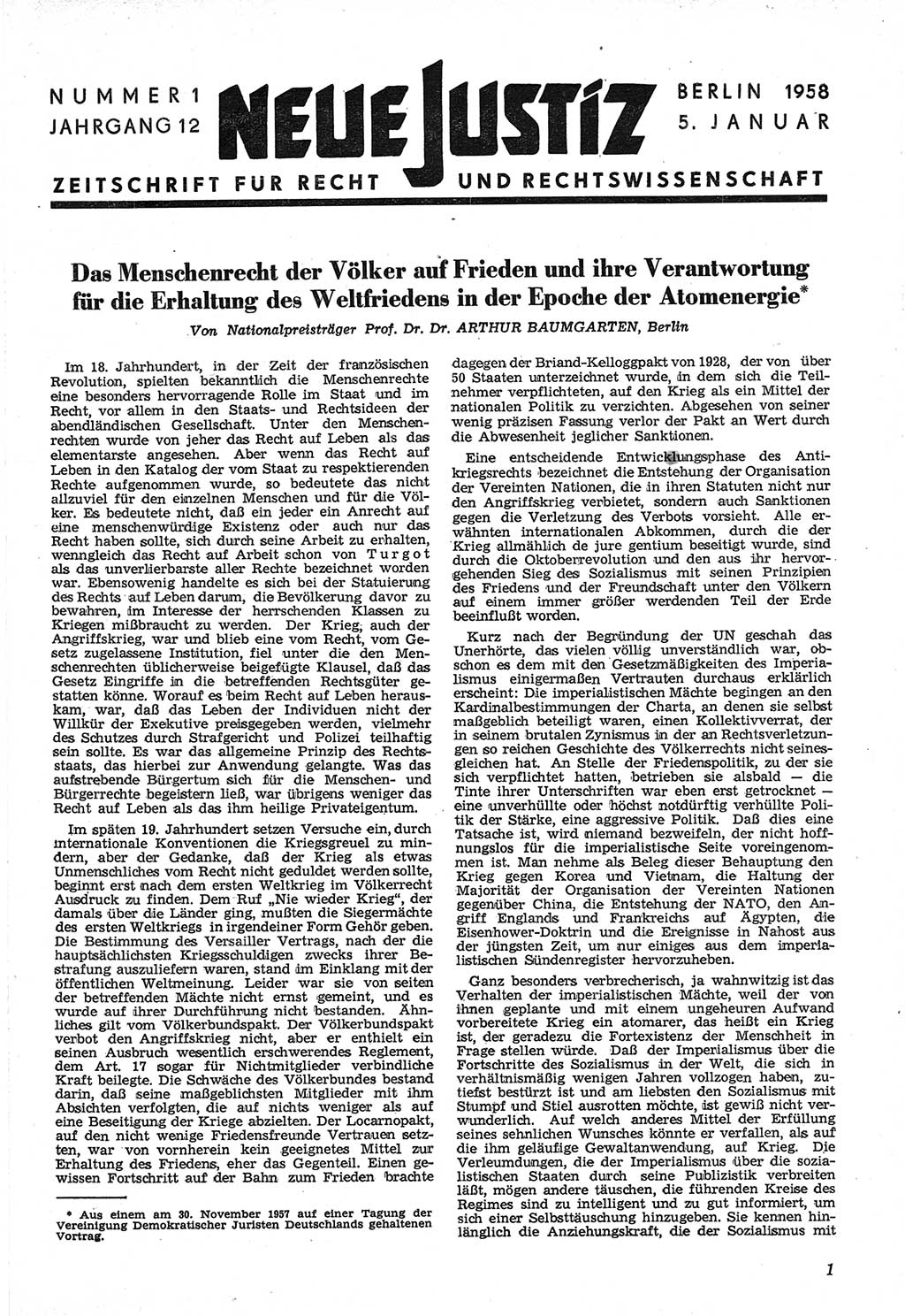 Neue Justiz (NJ), Zeitschrift für Recht und Rechtswissenschaft [Deutsche Demokratische Republik (DDR)], 12. Jahrgang 1958, Seite 1 (NJ DDR 1958, S. 1)