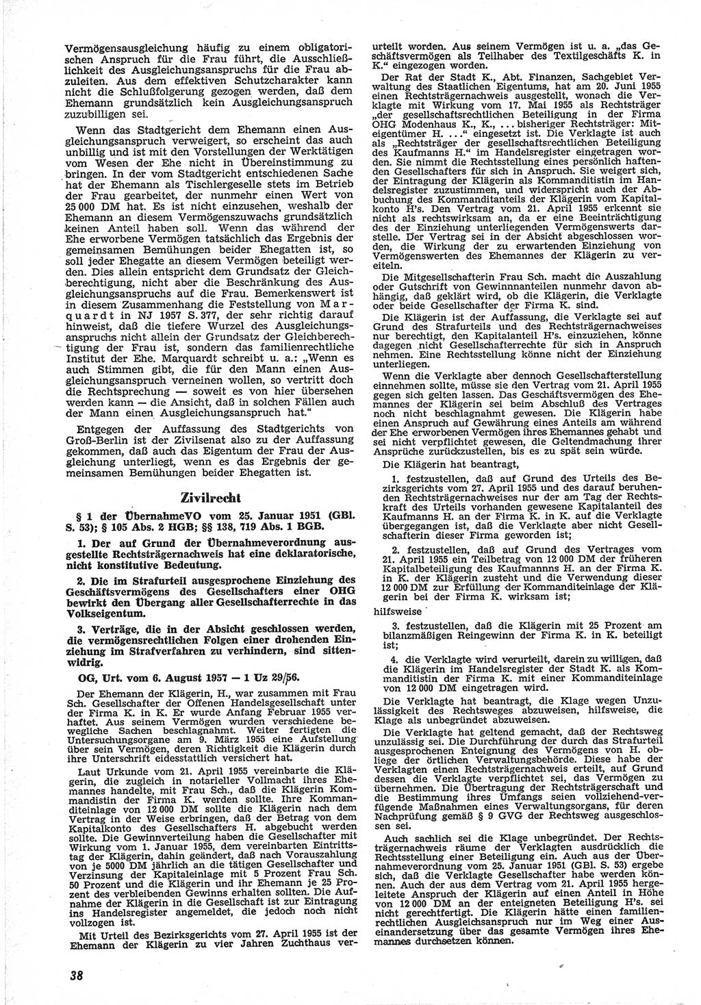 Neue Justiz (NJ), Zeitschrift für Recht und Rechtswissenschaft [Deutsche Demokratische Republik (DDR)], 12. Jahrgang 1958, Seite 38 (NJ DDR 1958, S. 38)
