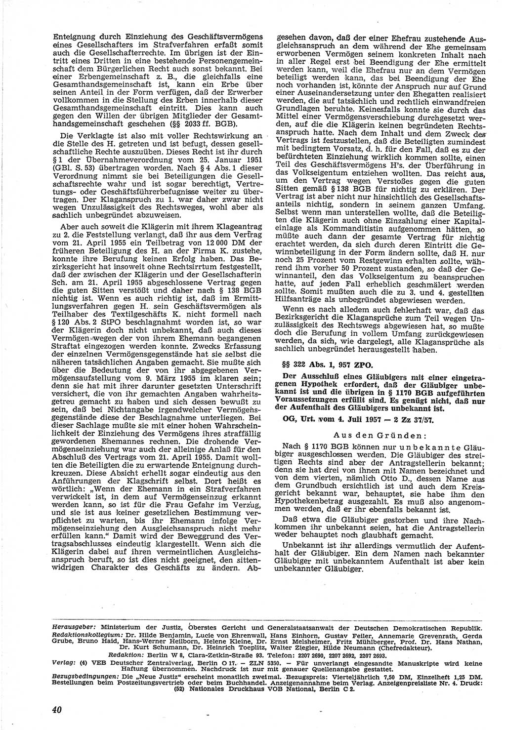Neue Justiz (NJ), Zeitschrift für Recht und Rechtswissenschaft [Deutsche Demokratische Republik (DDR)], 12. Jahrgang 1958, Seite 40 (NJ DDR 1958, S. 40)