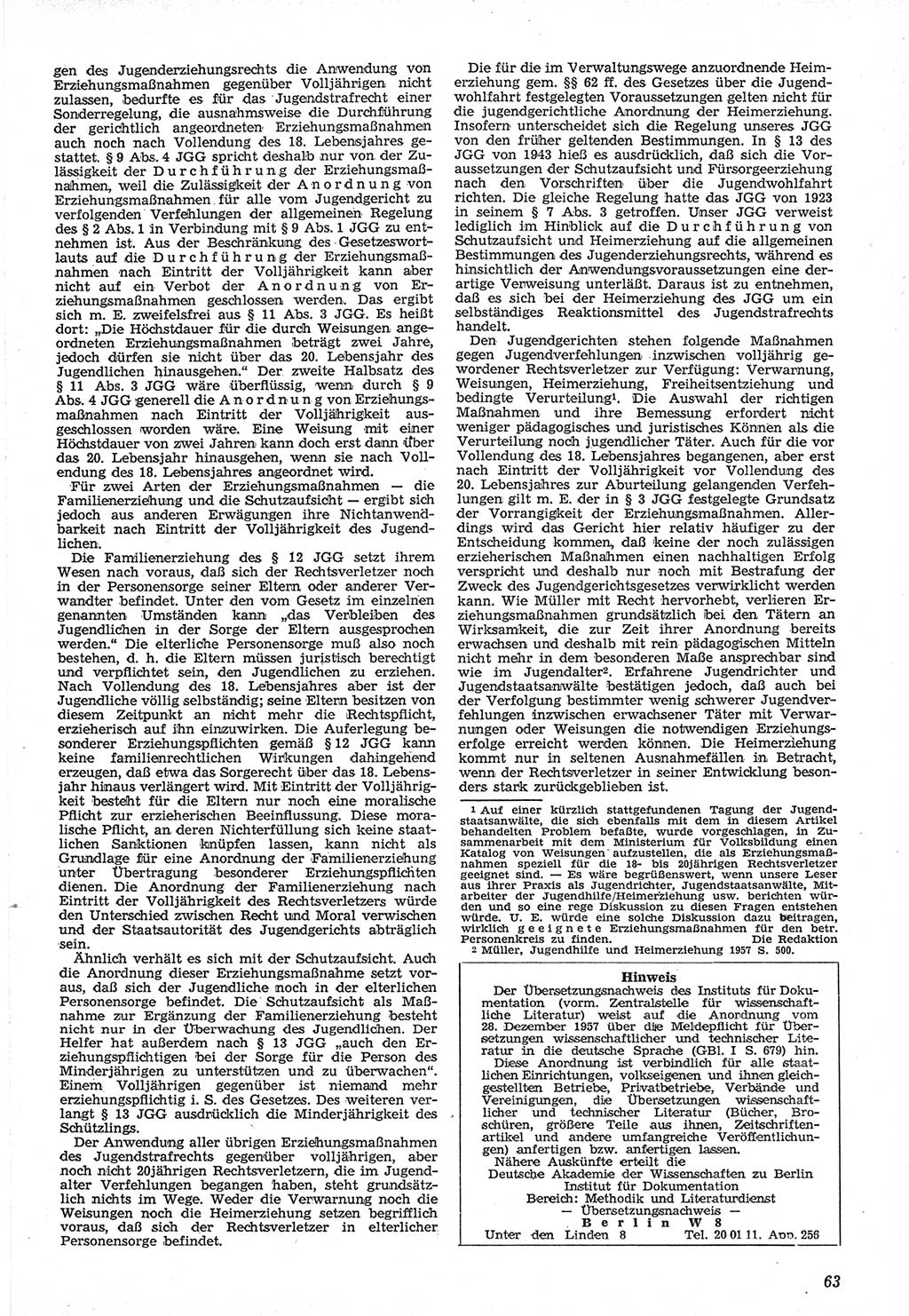 Neue Justiz (NJ), Zeitschrift für Recht und Rechtswissenschaft [Deutsche Demokratische Republik (DDR)], 12. Jahrgang 1958, Seite 63 (NJ DDR 1958, S. 63)