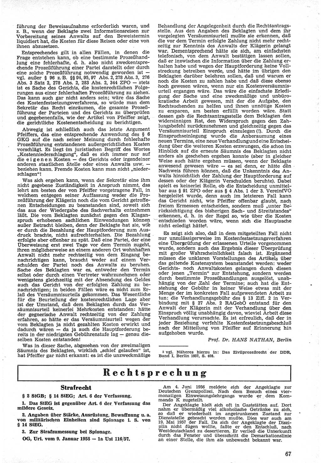 Neue Justiz (NJ), Zeitschrift für Recht und Rechtswissenschaft [Deutsche Demokratische Republik (DDR)], 12. Jahrgang 1958, Seite 67 (NJ DDR 1958, S. 67)