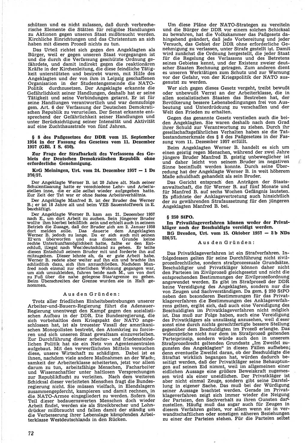 Neue Justiz (NJ), Zeitschrift für Recht und Rechtswissenschaft [Deutsche Demokratische Republik (DDR)], 12. Jahrgang 1958, Seite 72 (NJ DDR 1958, S. 72)