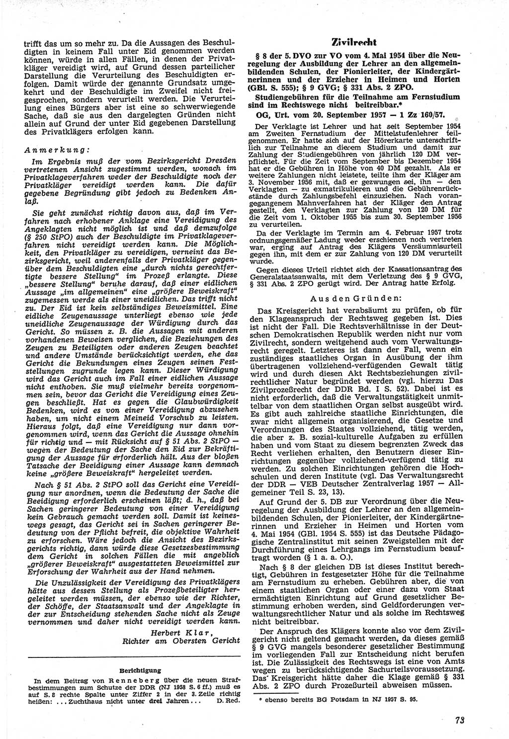 Neue Justiz (NJ), Zeitschrift für Recht und Rechtswissenschaft [Deutsche Demokratische Republik (DDR)], 12. Jahrgang 1958, Seite 73 (NJ DDR 1958, S. 73)