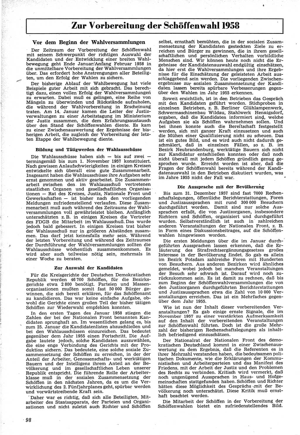 Neue Justiz (NJ), Zeitschrift für Recht und Rechtswissenschaft [Deutsche Demokratische Republik (DDR)], 12. Jahrgang 1958, Seite 98 (NJ DDR 1958, S. 98)