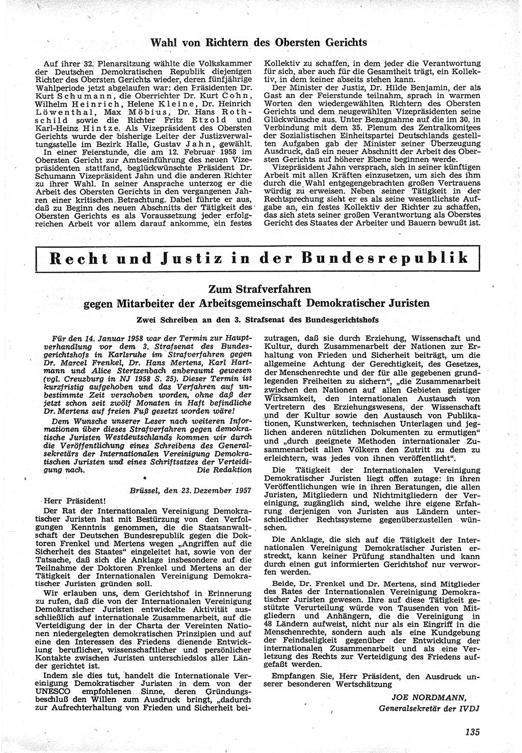 Neue Justiz (NJ), Zeitschrift für Recht und Rechtswissenschaft [Deutsche Demokratische Republik (DDR)], 12. Jahrgang 1958, Seite 135 (NJ DDR 1958, S. 135)