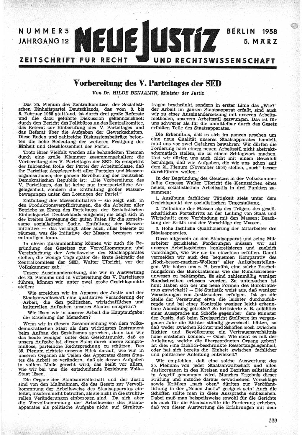 Neue Justiz (NJ), Zeitschrift für Recht und Rechtswissenschaft [Deutsche Demokratische Republik (DDR)], 12. Jahrgang 1958, Seite 149 (NJ DDR 1958, S. 149)
