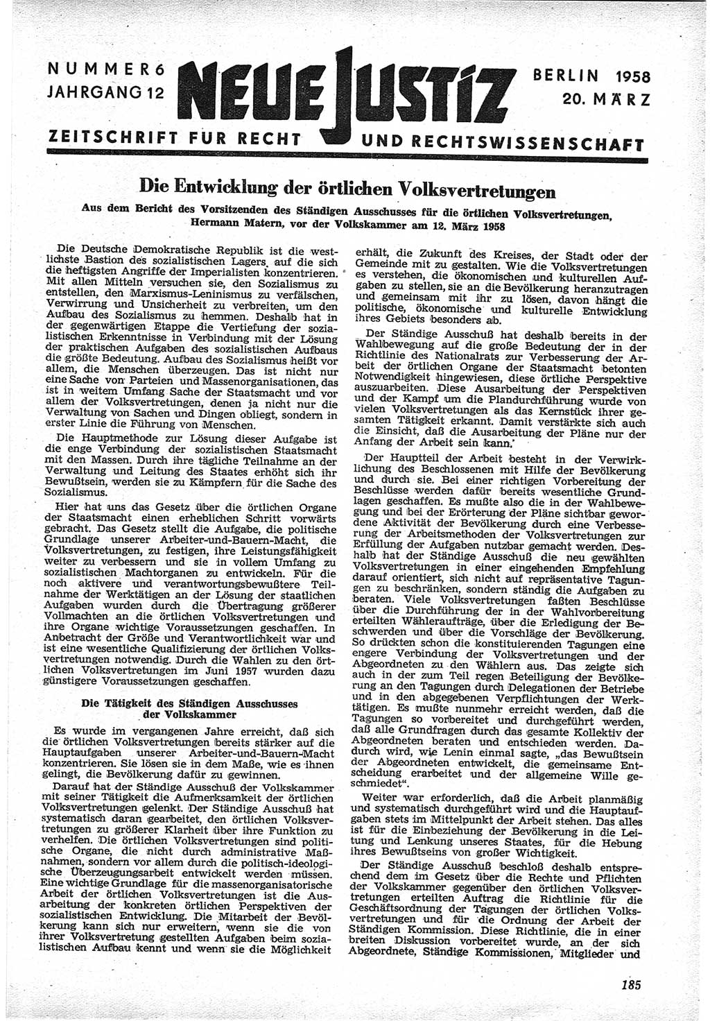 Neue Justiz (NJ), Zeitschrift für Recht und Rechtswissenschaft [Deutsche Demokratische Republik (DDR)], 12. Jahrgang 1958, Seite 185 (NJ DDR 1958, S. 185)