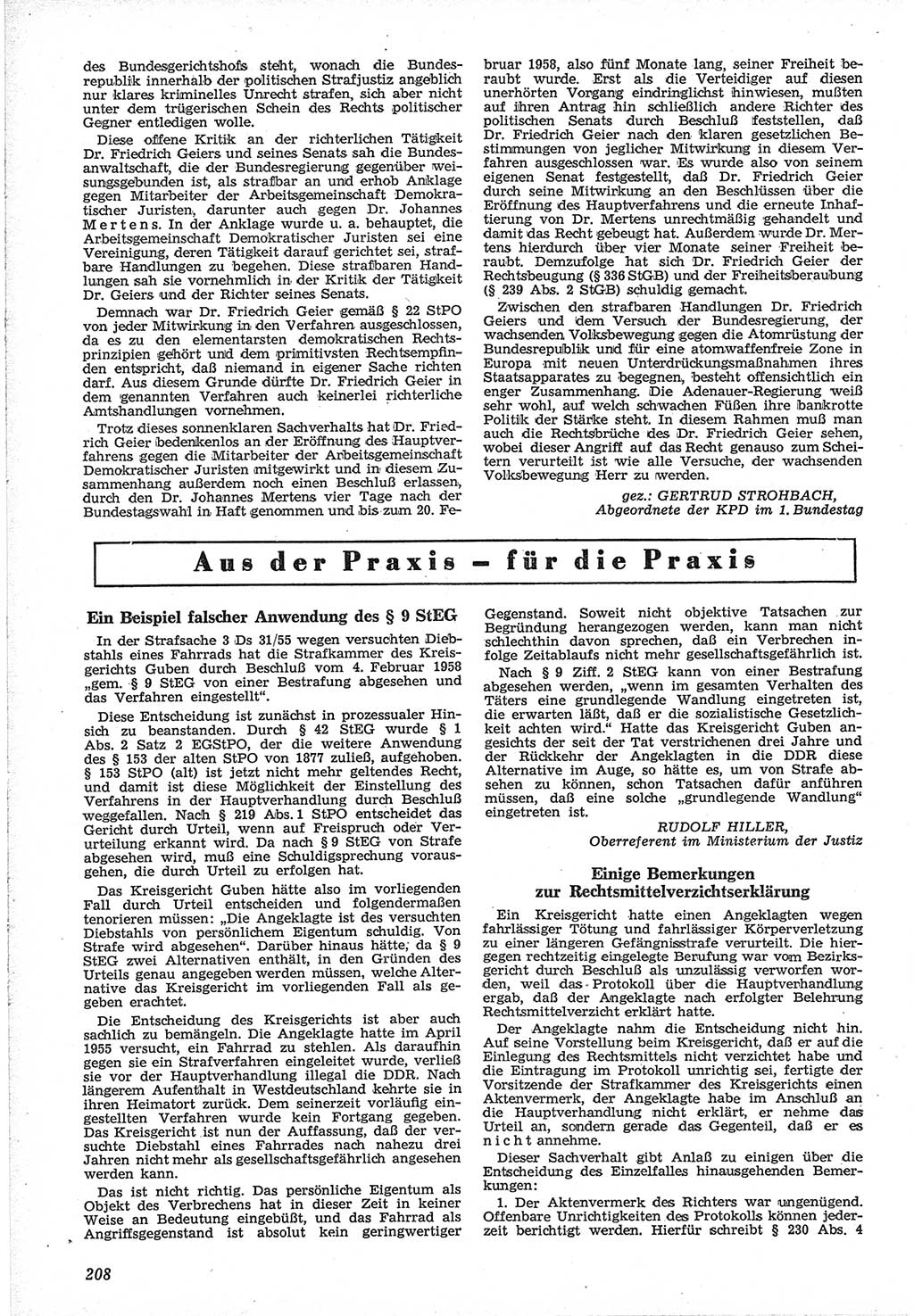 Neue Justiz (NJ), Zeitschrift für Recht und Rechtswissenschaft [Deutsche Demokratische Republik (DDR)], 12. Jahrgang 1958, Seite 208 (NJ DDR 1958, S. 208)