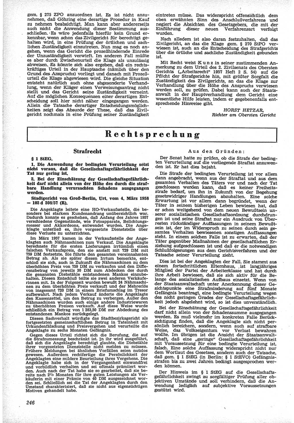 Neue Justiz (NJ), Zeitschrift für Recht und Rechtswissenschaft [Deutsche Demokratische Republik (DDR)], 12. Jahrgang 1958, Seite 246 (NJ DDR 1958, S. 246)