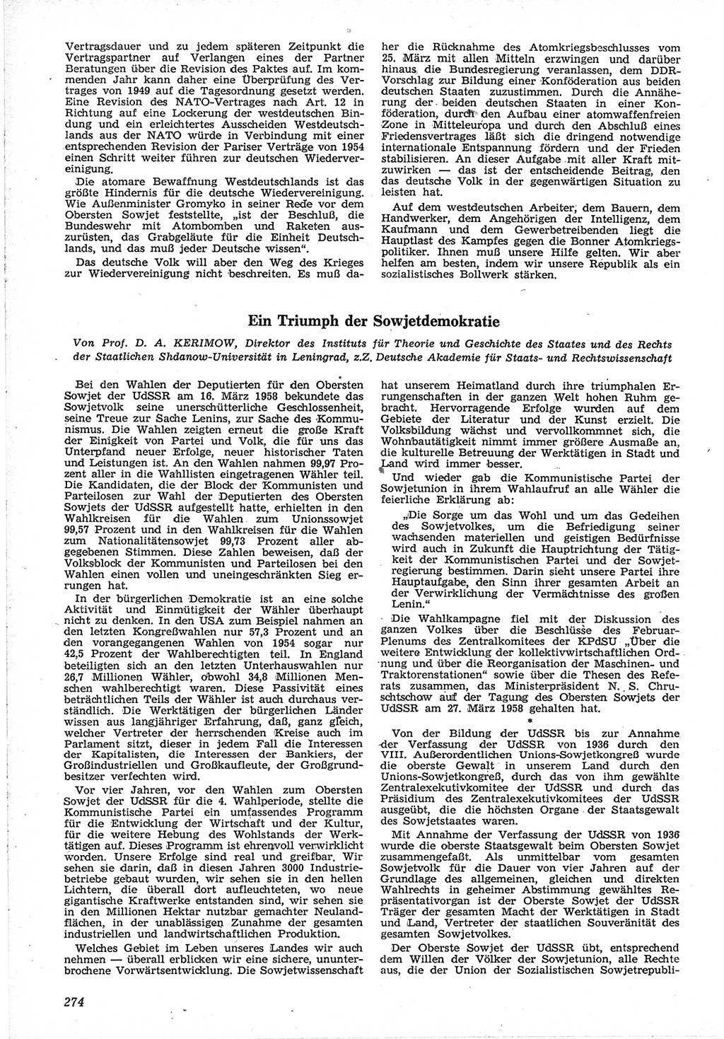 Neue Justiz (NJ), Zeitschrift für Recht und Rechtswissenschaft [Deutsche Demokratische Republik (DDR)], 12. Jahrgang 1958, Seite 274 (NJ DDR 1958, S. 274)