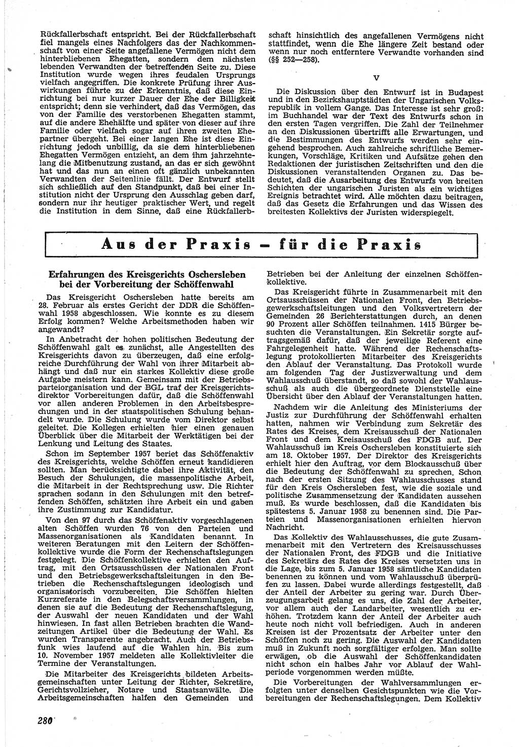 Neue Justiz (NJ), Zeitschrift für Recht und Rechtswissenschaft [Deutsche Demokratische Republik (DDR)], 12. Jahrgang 1958, Seite 280 (NJ DDR 1958, S. 280)