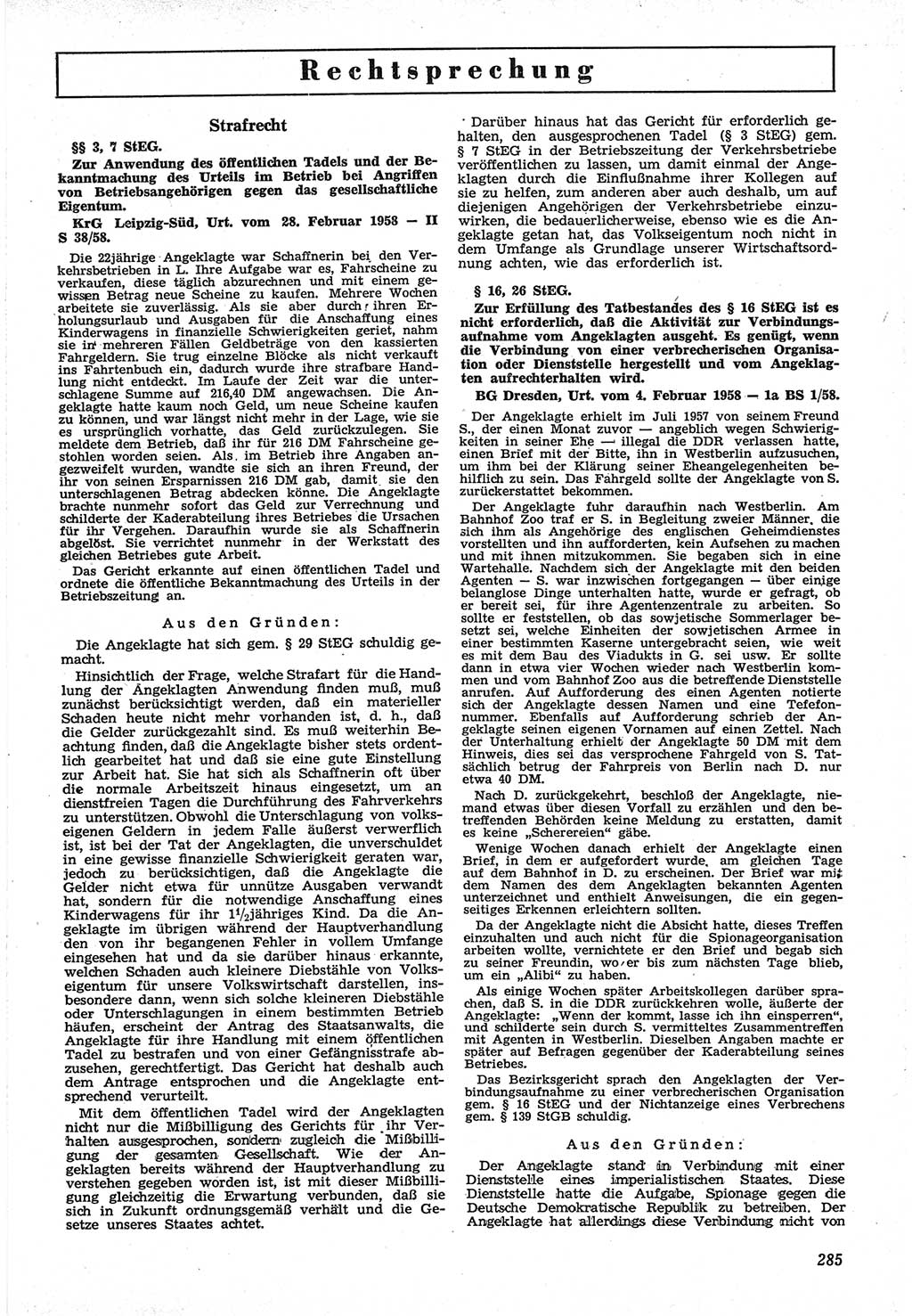 Neue Justiz (NJ), Zeitschrift für Recht und Rechtswissenschaft [Deutsche Demokratische Republik (DDR)], 12. Jahrgang 1958, Seite 285 (NJ DDR 1958, S. 285)