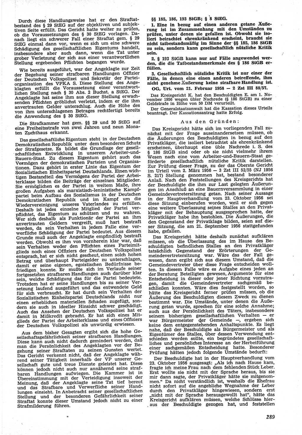 Neue Justiz (NJ), Zeitschrift für Recht und Rechtswissenschaft [Deutsche Demokratische Republik (DDR)], 12. Jahrgang 1958, Seite 289 (NJ DDR 1958, S. 289)