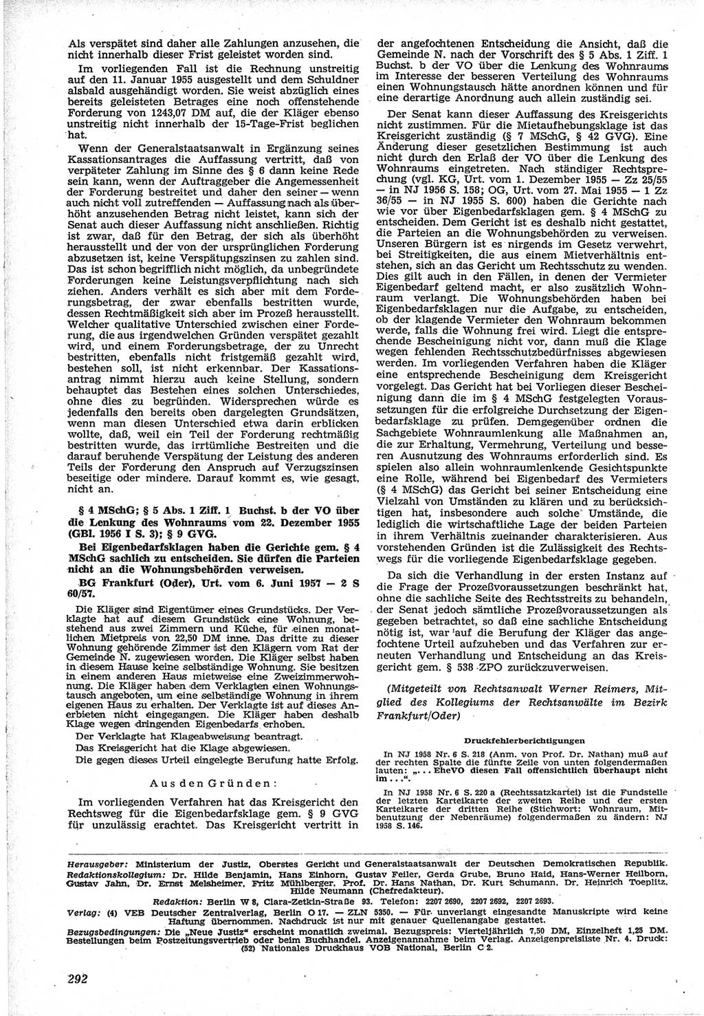 Neue Justiz (NJ), Zeitschrift für Recht und Rechtswissenschaft [Deutsche Demokratische Republik (DDR)], 12. Jahrgang 1958, Seite 292 (NJ DDR 1958, S. 292)