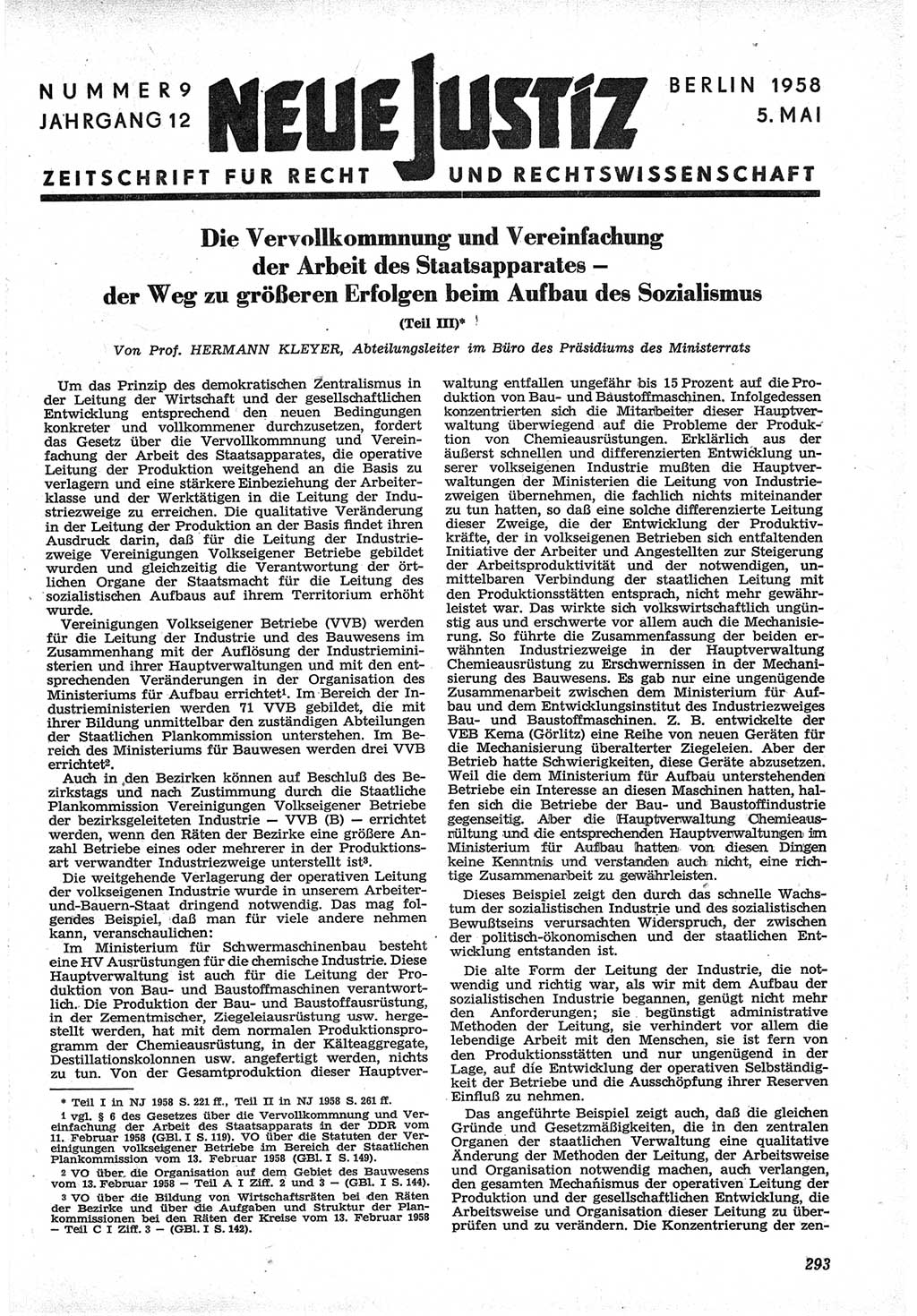 Neue Justiz (NJ), Zeitschrift für Recht und Rechtswissenschaft [Deutsche Demokratische Republik (DDR)], 12. Jahrgang 1958, Seite 293 (NJ DDR 1958, S. 293)