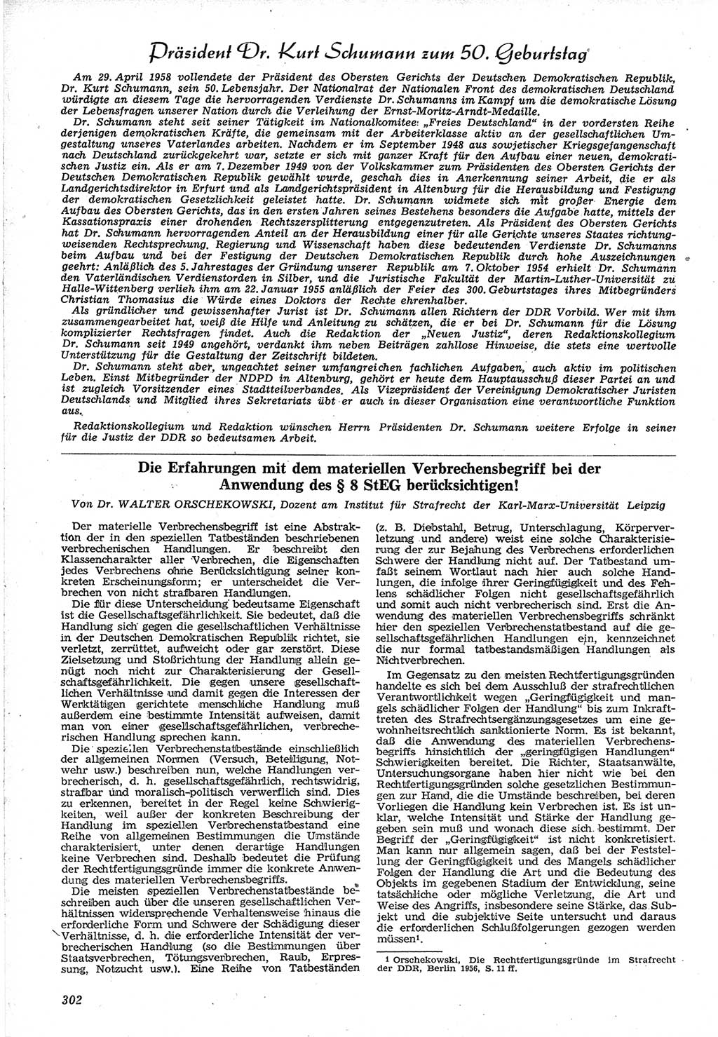 Neue Justiz (NJ), Zeitschrift für Recht und Rechtswissenschaft [Deutsche Demokratische Republik (DDR)], 12. Jahrgang 1958, Seite 302 (NJ DDR 1958, S. 302)