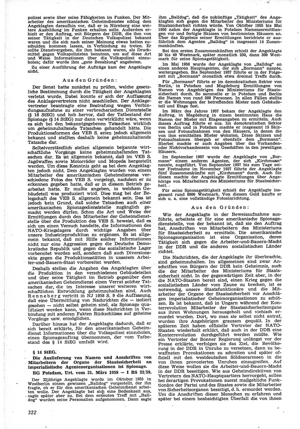 Neue Justiz (NJ), Zeitschrift für Recht und Rechtswissenschaft [Deutsche Demokratische Republik (DDR)], 12. Jahrgang 1958, Seite 322 (NJ DDR 1958, S. 322)