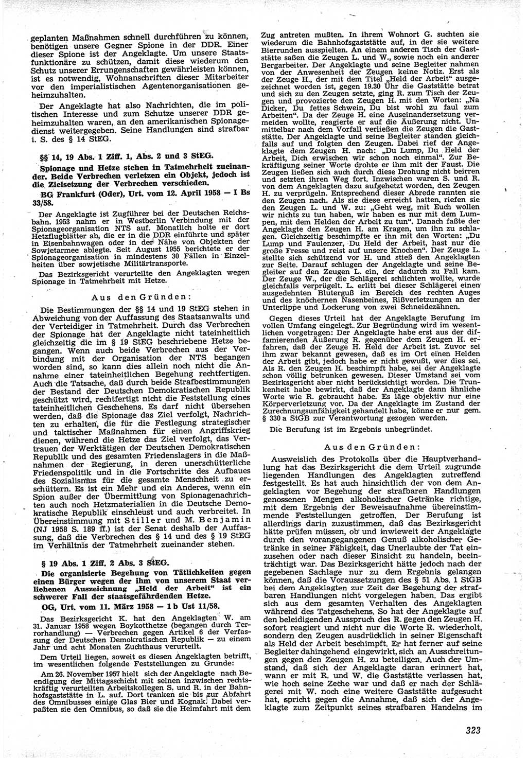 Neue Justiz (NJ), Zeitschrift für Recht und Rechtswissenschaft [Deutsche Demokratische Republik (DDR)], 12. Jahrgang 1958, Seite 323 (NJ DDR 1958, S. 323)