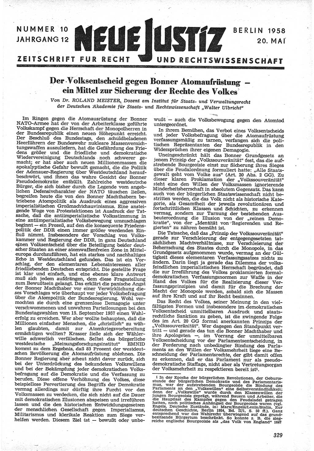 Neue Justiz (NJ), Zeitschrift für Recht und Rechtswissenschaft [Deutsche Demokratische Republik (DDR)], 12. Jahrgang 1958, Seite 329 (NJ DDR 1958, S. 329)