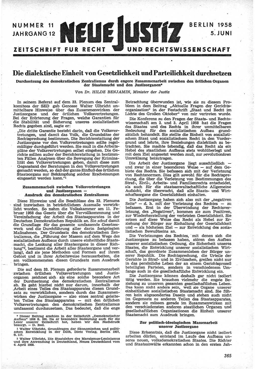 Neue Justiz (NJ), Zeitschrift für Recht und Rechtswissenschaft [Deutsche Demokratische Republik (DDR)], 12. Jahrgang 1958, Seite 365 (NJ DDR 1958, S. 365)