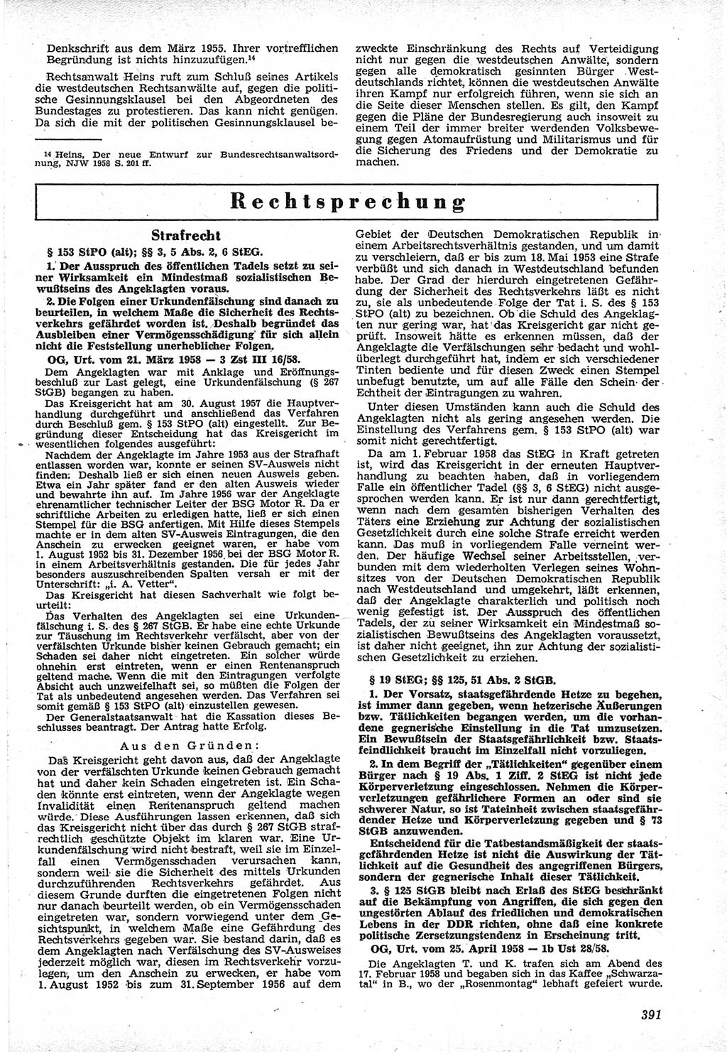 Neue Justiz (NJ), Zeitschrift für Recht und Rechtswissenschaft [Deutsche Demokratische Republik (DDR)], 12. Jahrgang 1958, Seite 391 (NJ DDR 1958, S. 391)