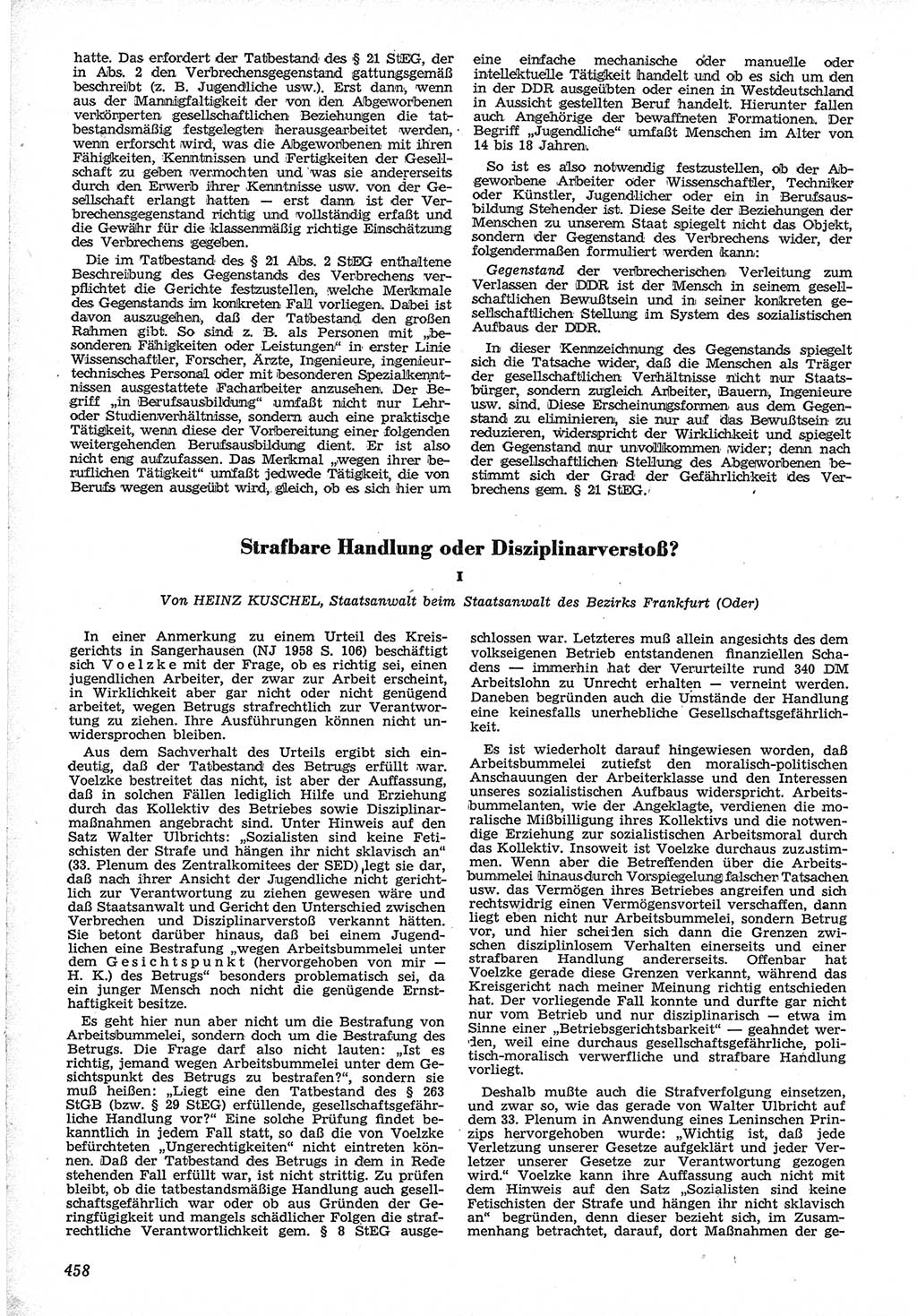 Neue Justiz (NJ), Zeitschrift für Recht und Rechtswissenschaft [Deutsche Demokratische Republik (DDR)], 12. Jahrgang 1958, Seite 458 (NJ DDR 1958, S. 458)