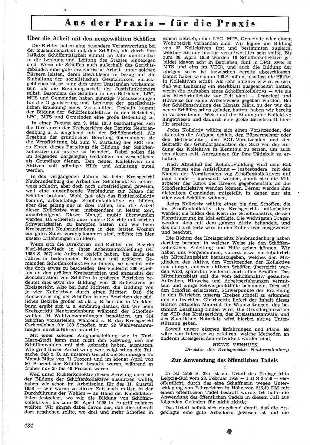 Neue Justiz (NJ), Zeitschrift für Recht und Rechtswissenschaft [Deutsche Demokratische Republik (DDR)], 12. Jahrgang 1958, Seite 484 (NJ DDR 1958, S. 484)