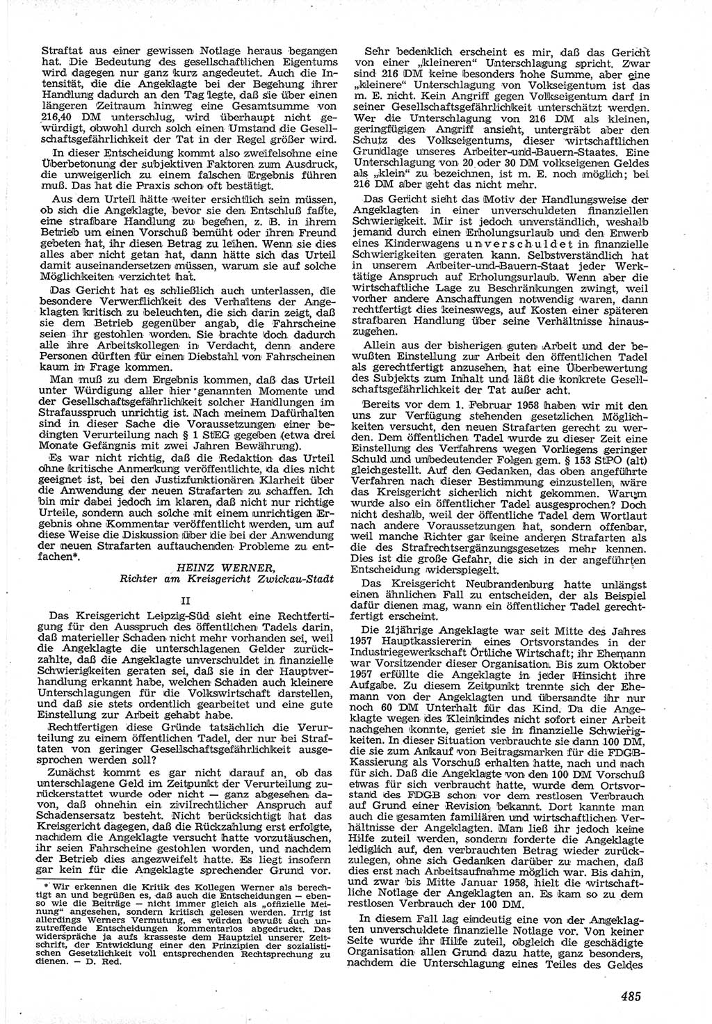 Neue Justiz (NJ), Zeitschrift für Recht und Rechtswissenschaft [Deutsche Demokratische Republik (DDR)], 12. Jahrgang 1958, Seite 485 (NJ DDR 1958, S. 485)