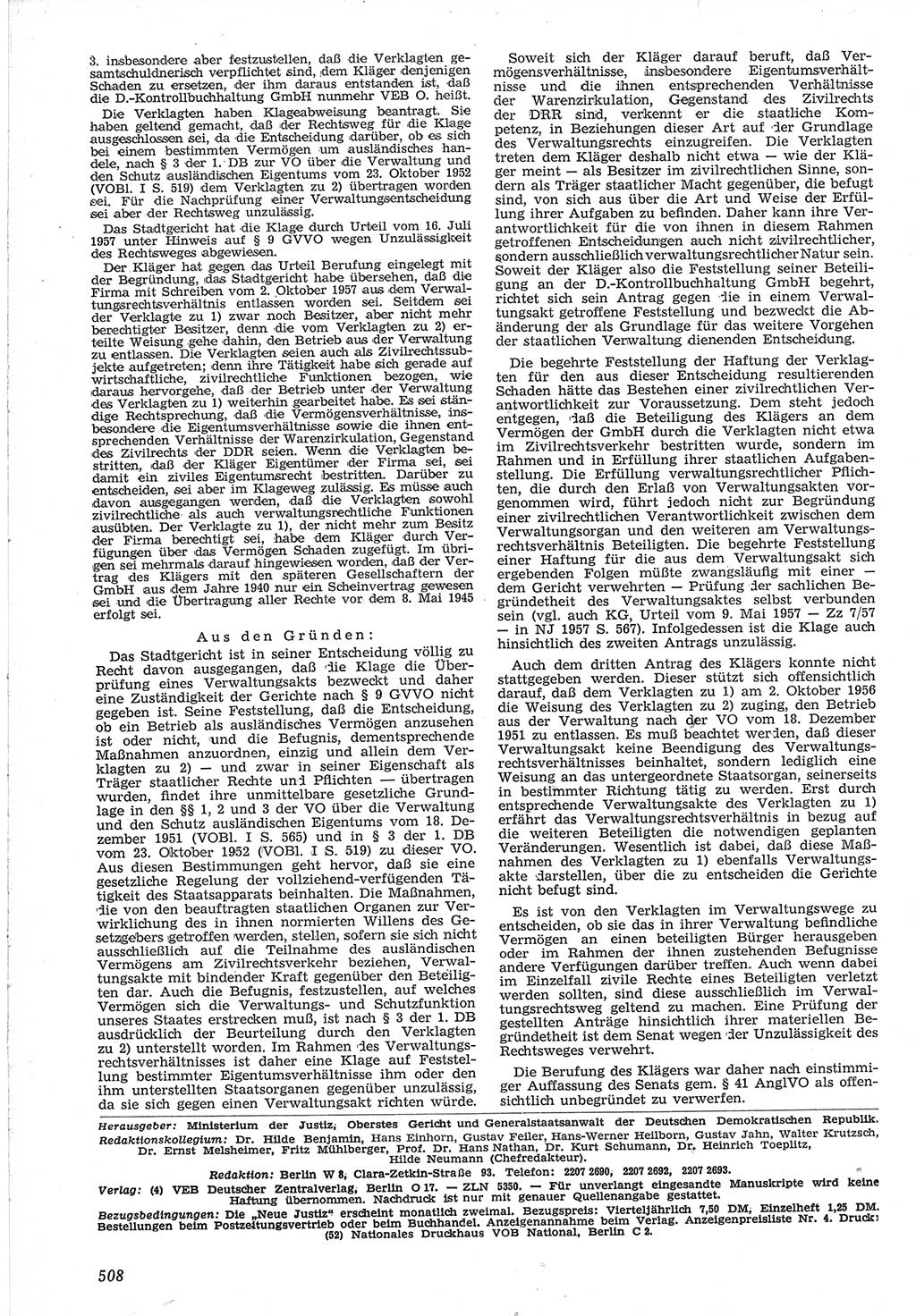 Neue Justiz (NJ), Zeitschrift für Recht und Rechtswissenschaft [Deutsche Demokratische Republik (DDR)], 12. Jahrgang 1958, Seite 508 (NJ DDR 1958, S. 508)