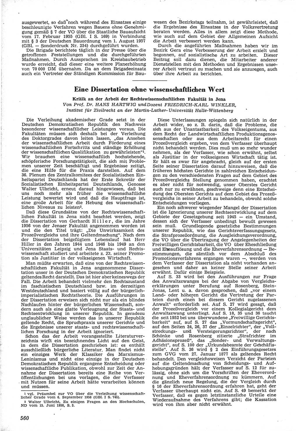 Neue Justiz (NJ), Zeitschrift für Recht und Rechtswissenschaft [Deutsche Demokratische Republik (DDR)], 12. Jahrgang 1958, Seite 560 (NJ DDR 1958, S. 560)