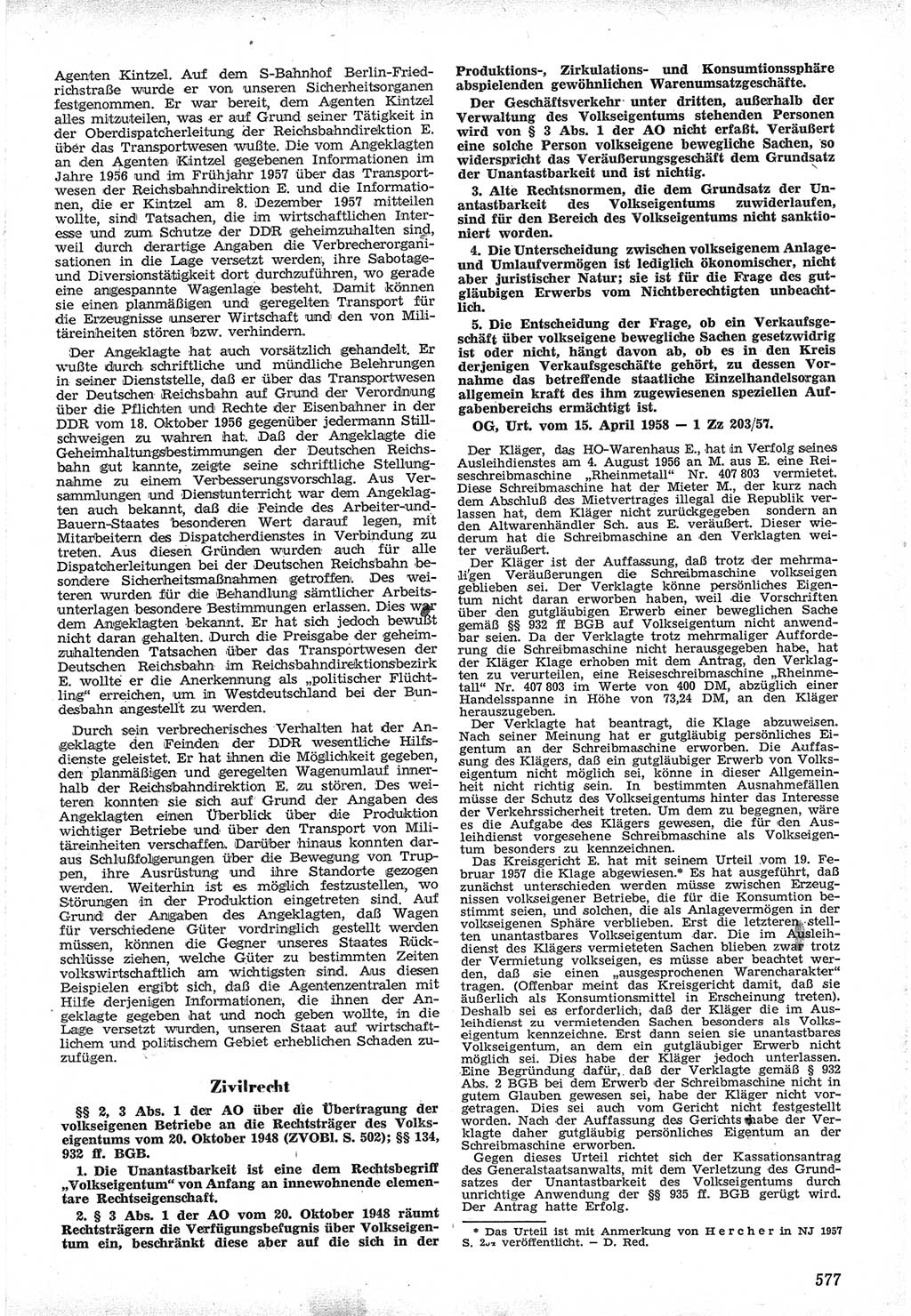 Neue Justiz (NJ), Zeitschrift für Recht und Rechtswissenschaft [Deutsche Demokratische Republik (DDR)], 12. Jahrgang 1958, Seite 577 (NJ DDR 1958, S. 577)