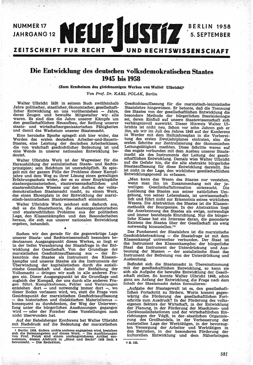 Neue Justiz (NJ), Zeitschrift für Recht und Rechtswissenschaft [Deutsche Demokratische Republik (DDR)], 12. Jahrgang 1958, Seite 581 (NJ DDR 1958, S. 581)