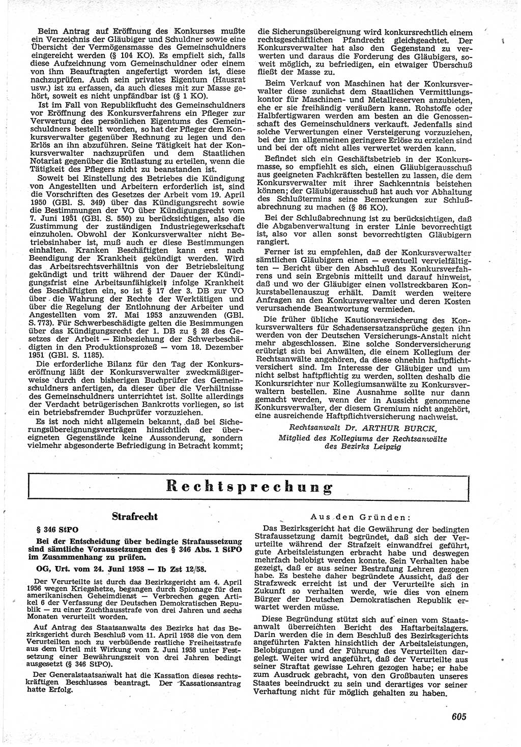 Neue Justiz (NJ), Zeitschrift für Recht und Rechtswissenschaft [Deutsche Demokratische Republik (DDR)], 12. Jahrgang 1958, Seite 605 (NJ DDR 1958, S. 605)