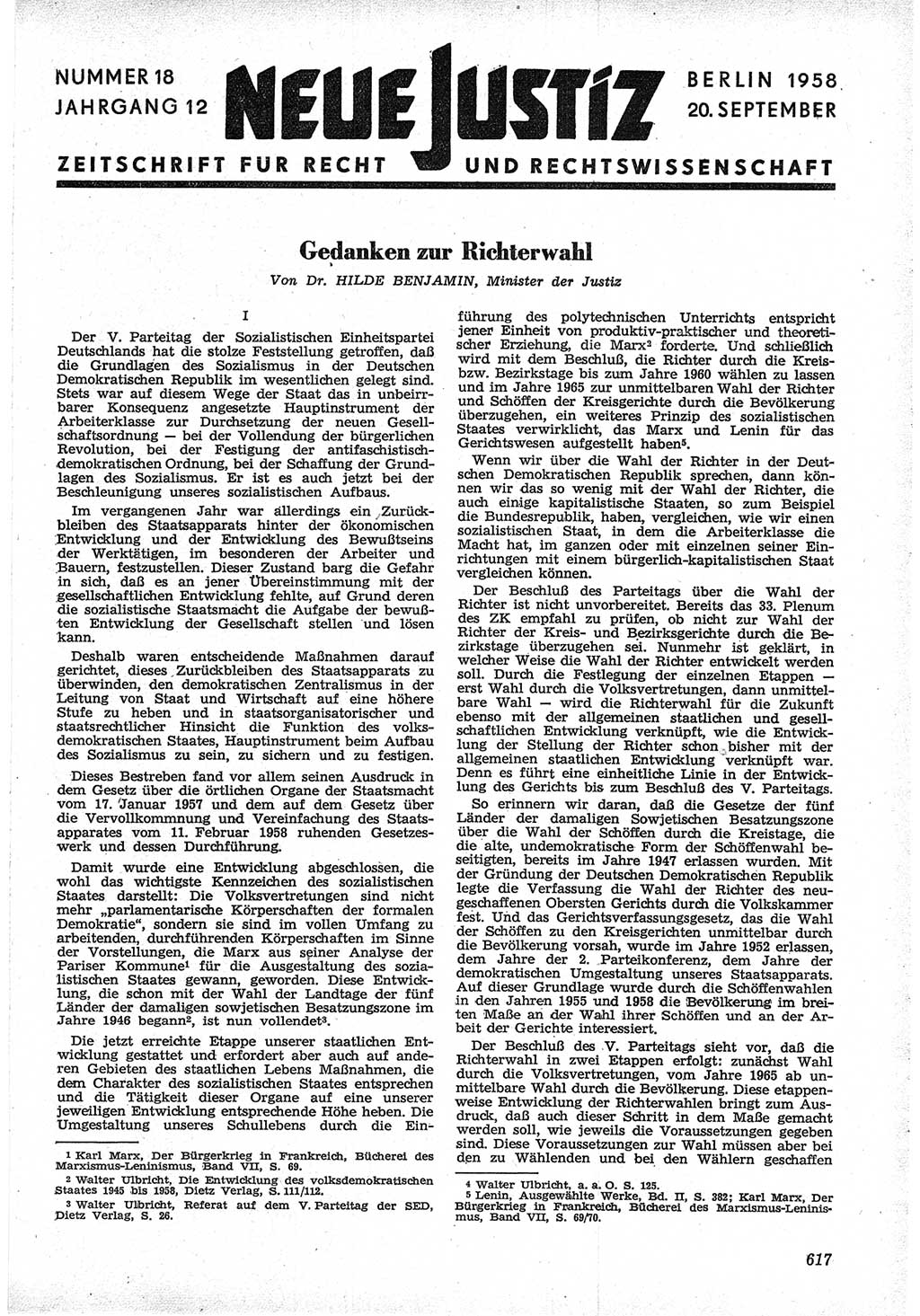 Neue Justiz (NJ), Zeitschrift für Recht und Rechtswissenschaft [Deutsche Demokratische Republik (DDR)], 12. Jahrgang 1958, Seite 617 (NJ DDR 1958, S. 617)