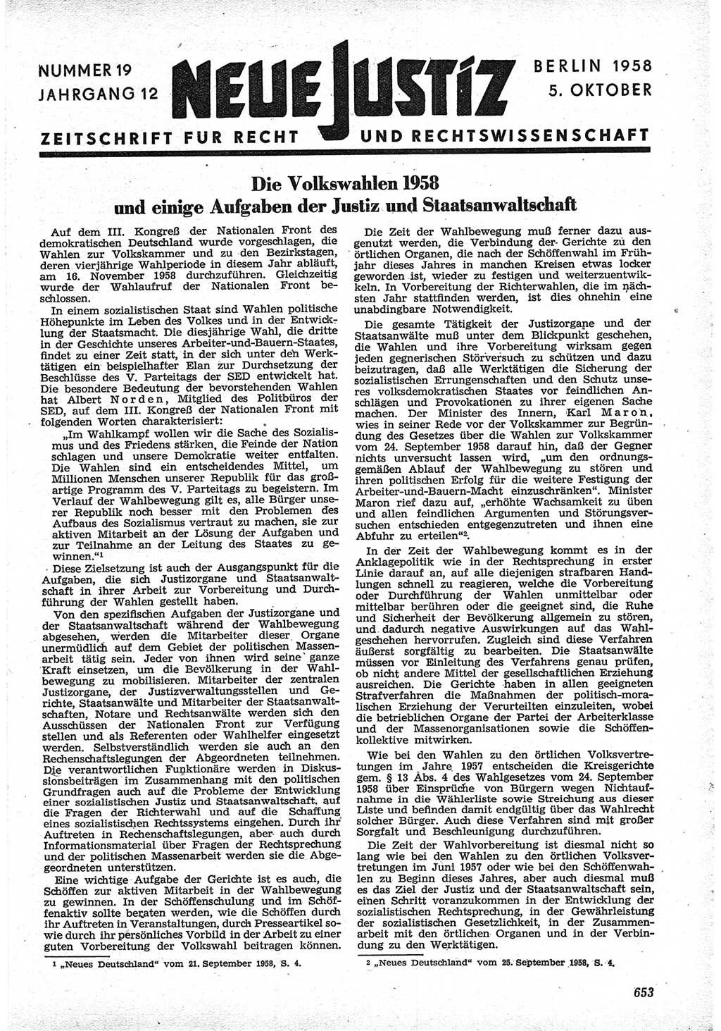 Neue Justiz (NJ), Zeitschrift für Recht und Rechtswissenschaft [Deutsche Demokratische Republik (DDR)], 12. Jahrgang 1958, Seite 653 (NJ DDR 1958, S. 653)