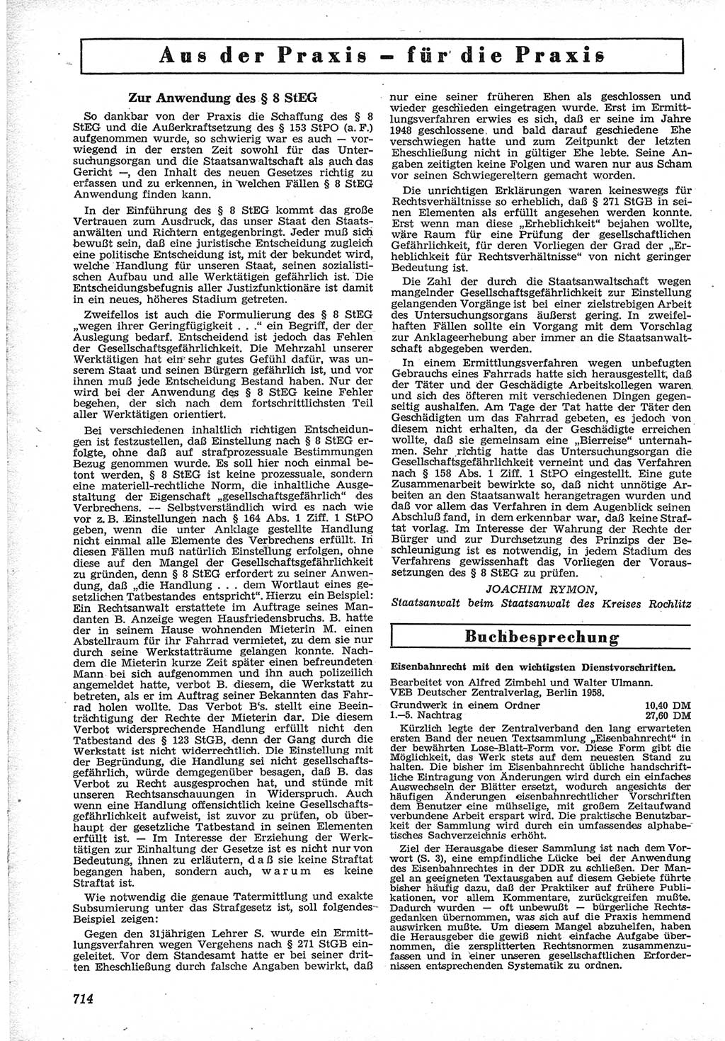 Neue Justiz (NJ), Zeitschrift für Recht und Rechtswissenschaft [Deutsche Demokratische Republik (DDR)], 12. Jahrgang 1958, Seite 714 (NJ DDR 1958, S. 714)