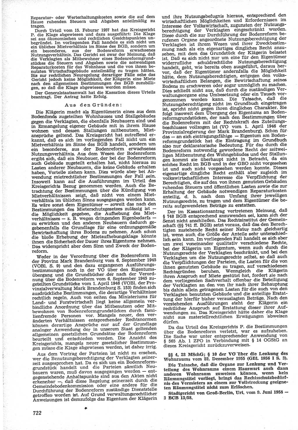 Neue Justiz (NJ), Zeitschrift für Recht und Rechtswissenschaft [Deutsche Demokratische Republik (DDR)], 12. Jahrgang 1958, Seite 722 (NJ DDR 1958, S. 722)